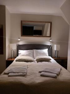 a bedroom with a large bed with two pillows and a mirror at Willa Julia in Gdynia