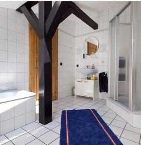 a bathroom with a sink and a shower and a blue rug at Hein-Sonnenschein in Wulfen auf Fehmarn