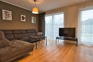 a living room with a couch and a flat screen tv at Vacation Home in Prater - Central, Garden and Sauna in Vienna