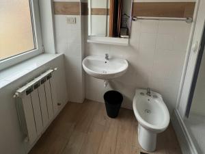 een witte badkamer met een wastafel en een toilet bij Hotel Istria in Trieste
