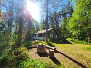 a house in the middle of a field next to a forest at Lomamokkila Cottages in Savonlinna