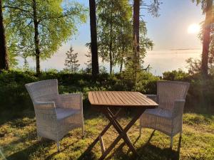 two chairs and a picnic table with a view of the water at Lomamokkila Cottages in Savonlinna