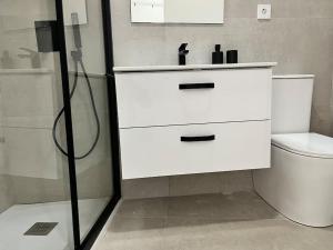 a bathroom with a shower and a sink and a toilet at Centro Plaza Sardoy in Murcia +40 photos