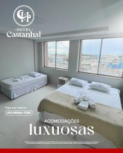 a poster of a bedroom with two beds and windows at Hotel Castanhal in Castanhal