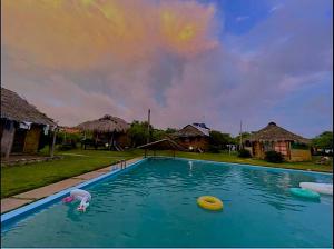 uma piscina com três frisbees na água em Kamala Surf & Backpacker Hostel em Montañita