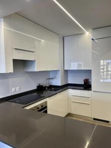 eine Küche mit weißen Schränken und einer schwarzen Arbeitsplatte in der Unterkunft Appartamento esclusivo in Monaco in Beausoleil