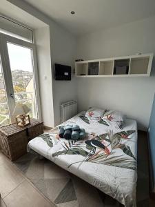 1 dormitorio con cama y ventana grande en Le Cocon Bleu - Vue mer, en Pléneuf-Val-André