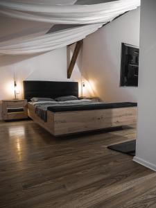 1 dormitorio con 1 cama y TV de pantalla plana en Dwupoziomowy Apartament Królowej Jadwigi 3, en Bydgoszcz