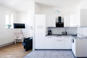 a white kitchen with white cabinets and a living room at Modern Apartment Riegrovy sady in Prague