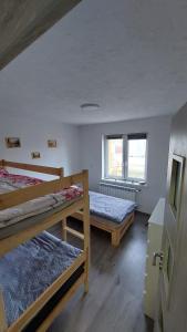 Zimmer mit 2 Etagenbetten und einem Fenster in der Unterkunft Mieszkanie wakacyjno-pracownicze całoroczne 