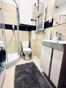 La salle de bains est pourvue d'un lavabo, de toilettes et d'une douche. dans l'établissement MH Luxury Apart, à Poznań