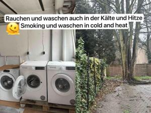 two washing machines are sitting in a yard at Micro Appartement hbf 7min in Duisburg