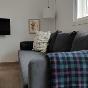 a blue couch with a plaid pillow in a living room at La Cultureta in Segura de León +23 photos