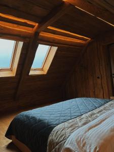 uma cama num quarto com duas janelas em Lazni_Kyiv em Kiev