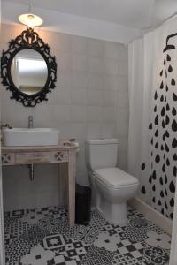 a bathroom with a toilet and a sink and a mirror at Oisyra Boutique Suites in Ermoupoli