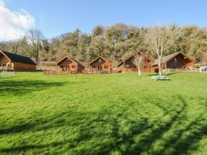 a large field with a group of wooden houses at Polzeath in Bodmin