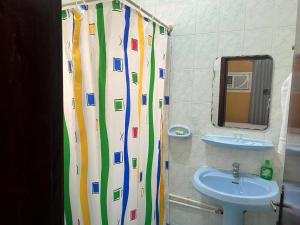 a bathroom with a sink and a shower curtain at Canary Islands in Manama