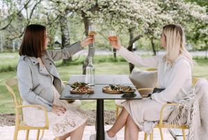 Dos mujeres sentadas en una mesa con copas de vino en Tammiston Apartments, en Naantali