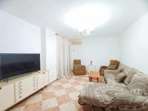 a living room with a couch and a flat screen tv at Apartamento Vista a la Isla in Carboneras