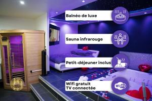 Habitación de color púrpura con cama en ESCAPE ZEN Suite & spa privatif, en Chambly