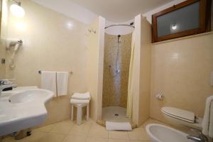 a bathroom with a shower and a sink and a toilet at Hotel Scoglio Del Leone in Zambrone