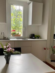 a white kitchen with a table and a window at Garden house in Rome
