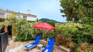 d'une terrasse avec 2 chaises bleues et un parasol rouge. dans l'établissement Cortijo los Valles Alozaina by Ruralidays, à Alozaina