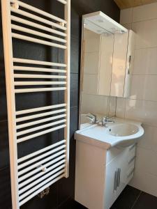 ein Badezimmer mit einem weißen Waschbecken und einem Spiegel in der Unterkunft Villa Bartje in Schoonebeek