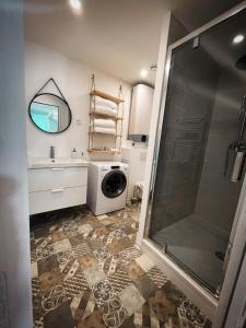 y baño con ducha y lavadora. en Au cœur de Castres, logement cosy classé 3***, en Castres