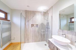 a bathroom with a sink and a glass shower at Roe Deer Lodge with Hot Tub in Cray +18 photos