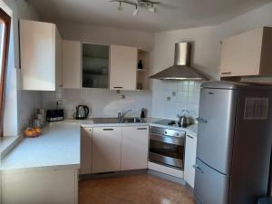 een keuken met witte kasten en een roestvrijstalen koelkast bij Lovely Apartment Piantade in Poreč