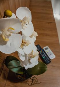 a white flower sitting on a table next to a remote control at Pousada Chayenne in Piranhas