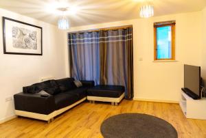 a living room with a black couch and a tv at Lovely 1-Bed Apartment in Hackney London in London