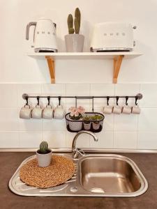 un fregadero con tazas y plantas en un estante en Can Somni - Appartement bohème, zen et chic avec piscine, en Cala Figuera