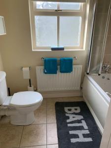 a bathroom with a toilet and a window and blue towels at Serenity Cottage in Lisnaskea