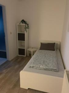 een slaapkamer met een groot bed en een spiegel bij Ruhiges Apartment im Herzen von Gera in Gera