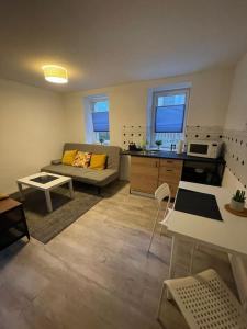 een woonkamer met een bank en een keuken bij Ruhiges Apartment im Herzen von Gera in Gera