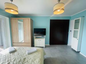a bedroom with blue walls and a bed and a television at Apartamenty KTW Silesia City Center - Park Ślaski in Katowice