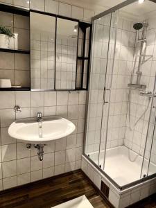 La salle de bains est pourvue d'un lavabo et d'une douche. dans l'établissement Ferienwohnung Vierseithof, à Eging am See