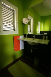 baño verde con lavabo y ventana en Vila Filipovic, en Milna