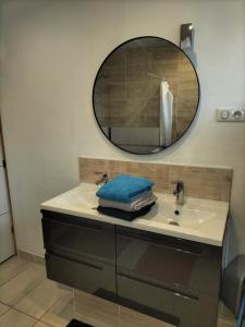W łazience znajduje się umywalka i lustro. w obiekcie Gîte les Dames du Quint **** w mieście Baume-les-Dames