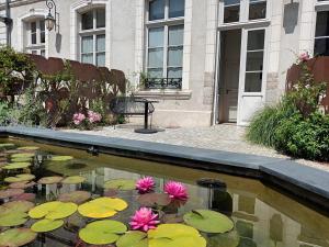 einen Pool mit Seerosenblättern und rosa Blumen in der Unterkunft Hôtel Loysel le Gaucher in Montreuil-sur-Mer
