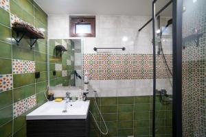 W łazience znajduje się umywalka i prysznic. w obiekcie Sakudela w mieście Nikortsminda