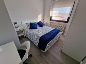 a bedroom with a bed with blue pillows and a window at Aurora in Ávila