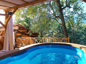 a large swimming pool on a deck with a tree at La Tiny du Midi in Tourrettes-sur-Loup