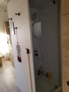 y baño con ducha y puerta de cristal. en La Tiny du Midi, en Tourrettes-sur-Loup