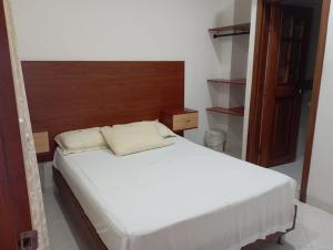 een slaapkamer met een wit bed en een houten hoofdeinde bij HOTEL COSTA DEL SOL mav in Turbo