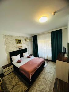 um quarto de hotel com uma cama grande e uma televisão em Hotel Suprem em Băile Olăneşti