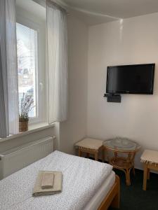 a bedroom with a bed and a flat screen tv at Penzion Ječmínek in Luhačovice