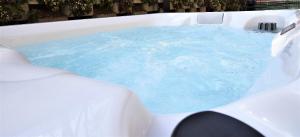 uma banheira de hidromassagem com água azul em Appartamento Fiordaliso Bellagio Wild Flowers - HOT TUB em Onno